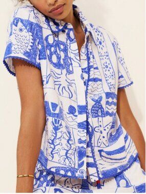 Farm Rio Short Sleeve Button Front Shirt Blue-white Linen Blouse size S